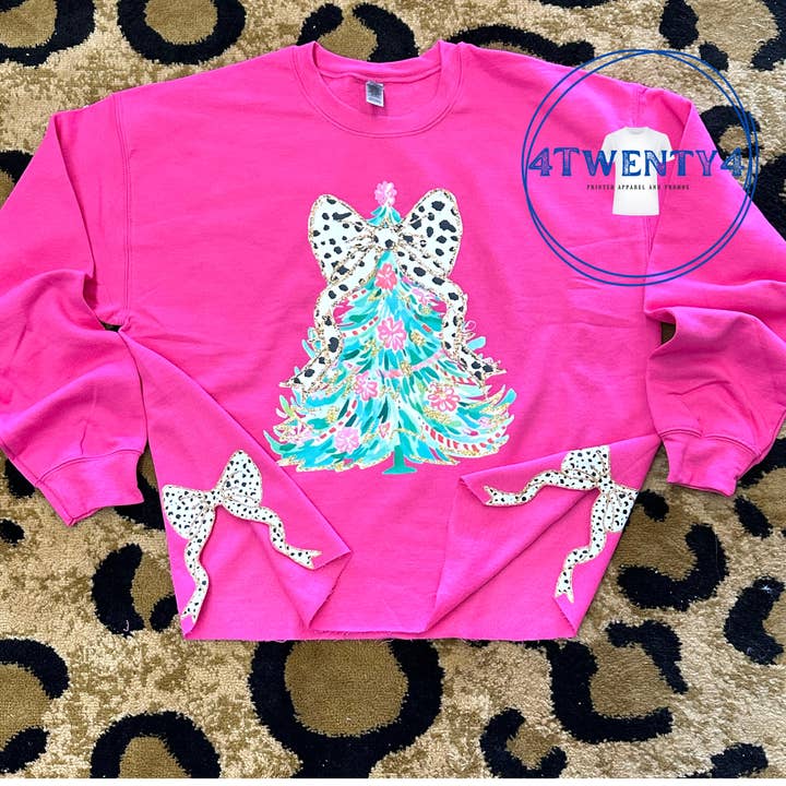 4Twenty4 Printed Apparel - Wholesale Sweatshirt - Women's - Watercolor Christmas Tree with Side Coquette Bow Sweatshirt - Pink