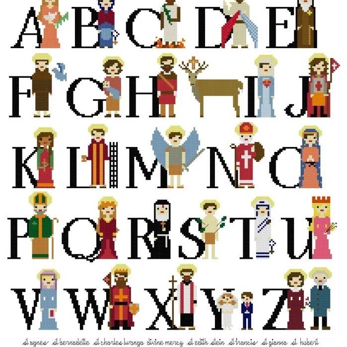 DIGITAL COPY: Catholic Saint ABC Sampler in Cross Stitch for wholesale by Catholic Sprouts LLC