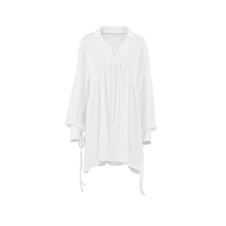 FurDecoration - Wholesale Nightgown – Women’s - Solid Color Long Sleeve Loose Ramie Cotton Nightdress Pajamas2
