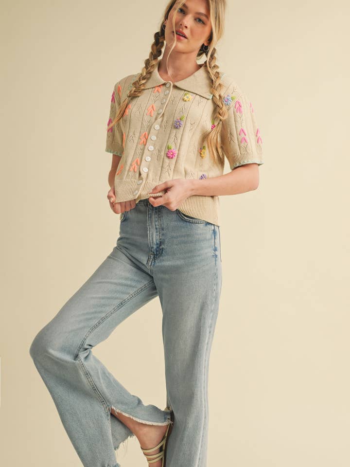 &MERCI - Wholesale Knit Sweater - Women's - HAND EMBROIDERED SHORT SLV BUTTON DOWN SWEATER MSW109534