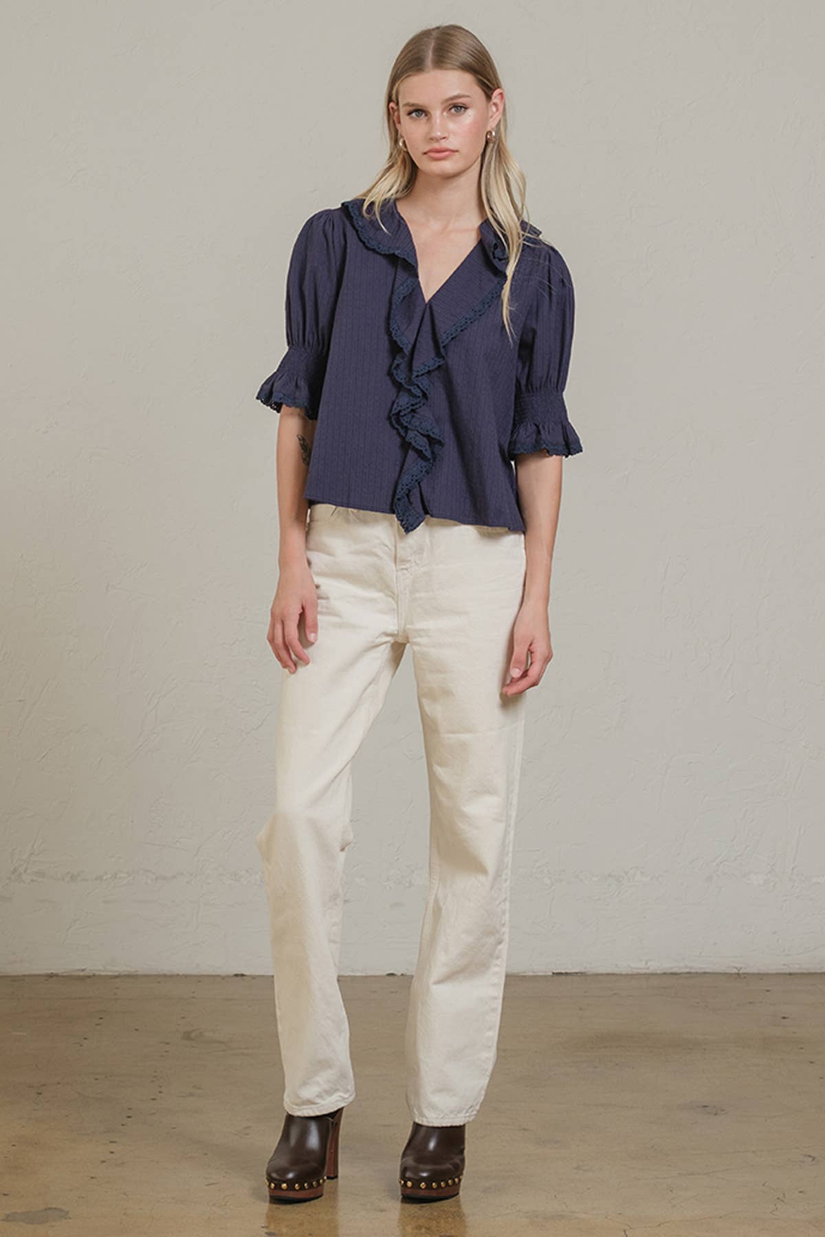 RAISONNEL - Wholesale Blouse - Women's - Ruffle Trim Lace Detail Blouse - RT11799