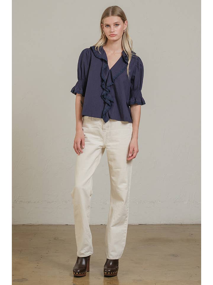 RAISONNEL - Wholesale Blouse - Women's - Ruffle Trim Lace Detail Blouse - RT11799