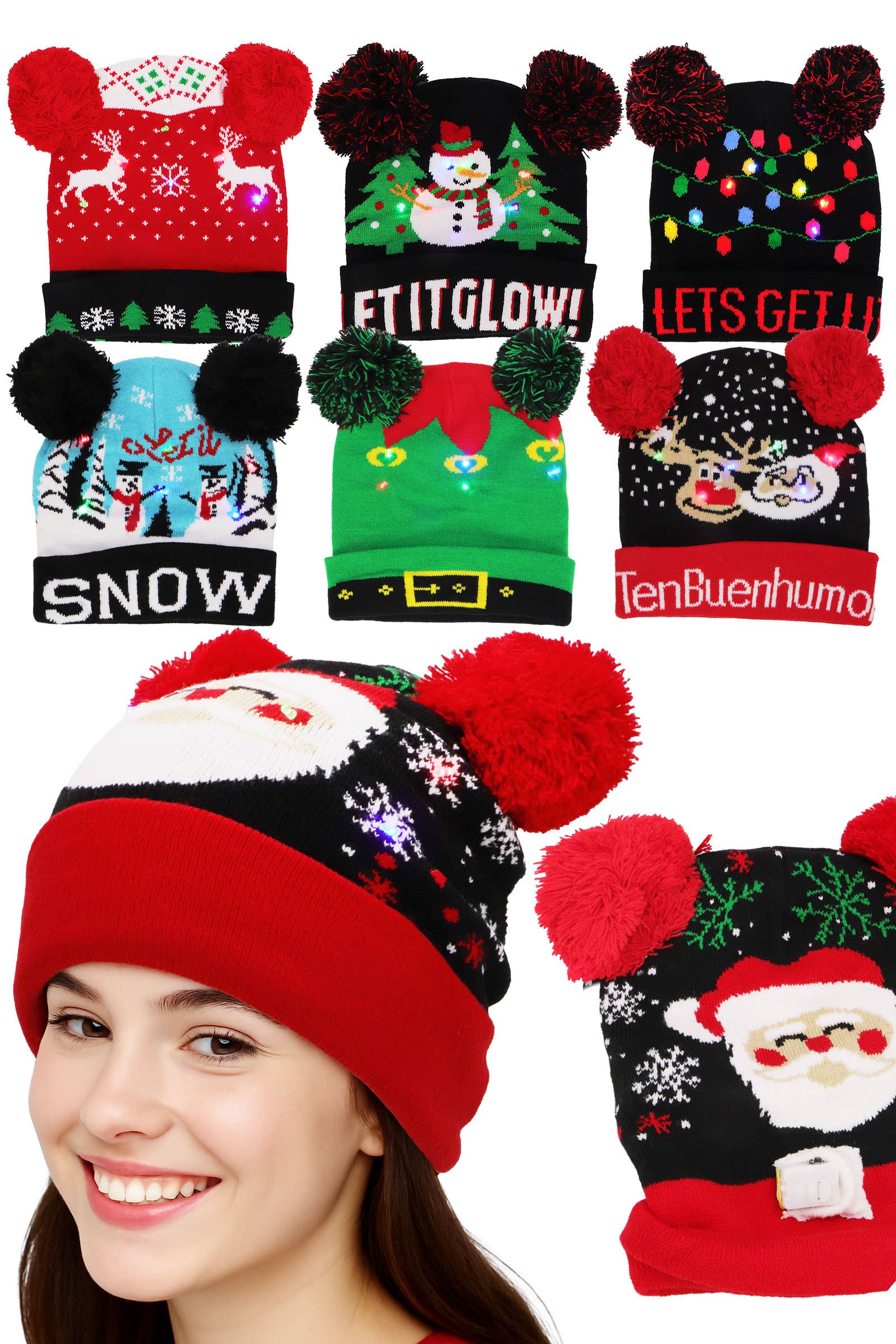 ASSORTI Kerstmis LED Lichtgevende Dubbele Pom Pom Muts voor groothandel op Faire0