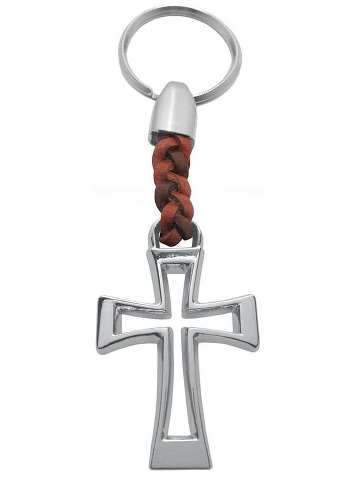 OPENGEWERKTE LEREN SLEUTELHANGER VAN ZAMAK KRUIS voor wholesale door Josvil