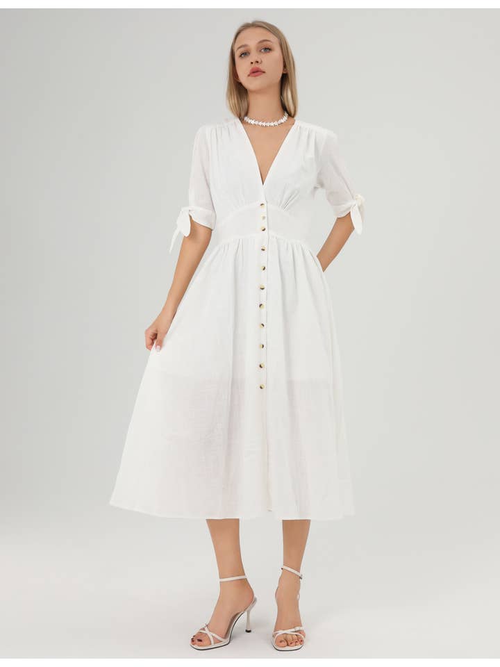 Blanco Vestido midi casual de lino de manga corta con lazo SKD152 de venta al por mayor en Faire1