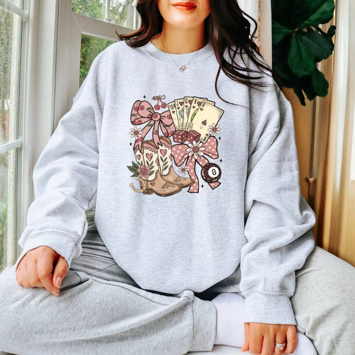 Western Boots Cards Coquette Collage Cotton Tee or Crewneck for wholesale by The Foxy Golden