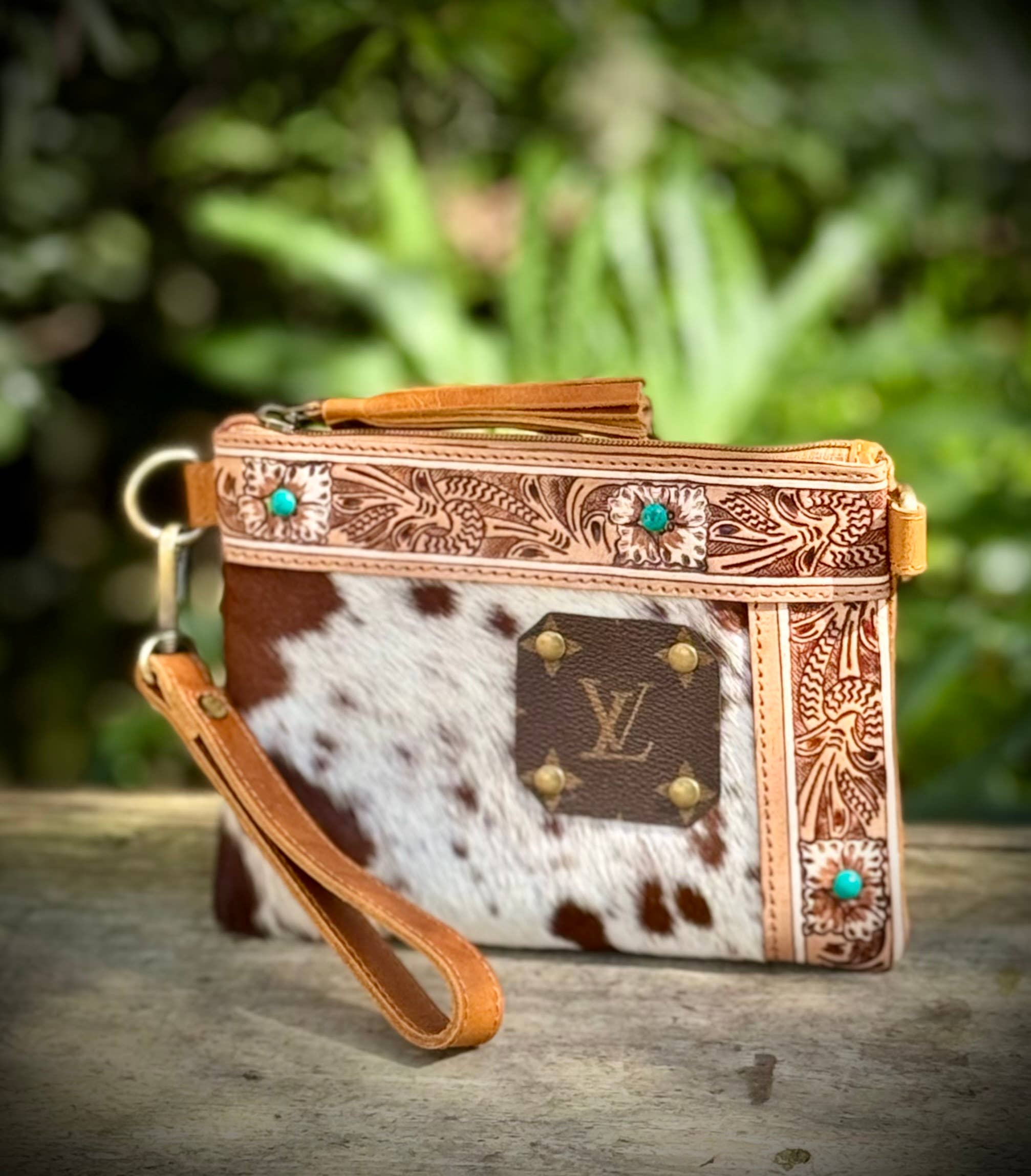 Southern Junkie Gypsy Boutique - Wholesale Crossbody Bag - Women's - Upcycled LV Cowhide Leather Wristlet Crossbody Bag Western 5