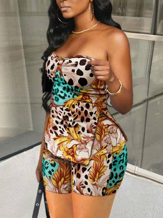 Flarix - Wholesale Top & Skirt Set - Women's - scarf print slit hem tube top shorts set