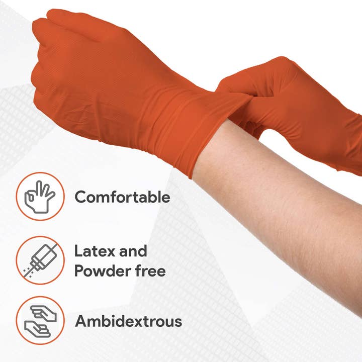 ShopHomeMed - Wholesale Gloves - Unisex - WeCare Diamond Textured Orange Nitrile Gloves - 8 Mil Thick3