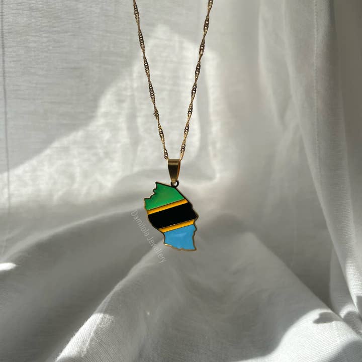 Tanzania Flag Map Necklace - Gold/Silver for wholesale by Damilola Jewellery