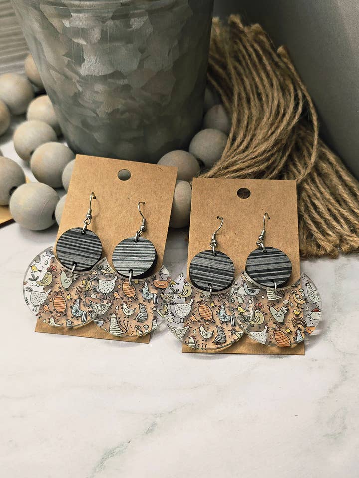 Rustic Chicken Stacked Circle Earrings for wholesale by Woody Bee Creations