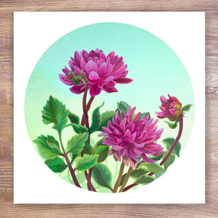 Pink Dahlia Flowers with Ombre Turquoise Art Print for wholesale by Marigold Art Studios