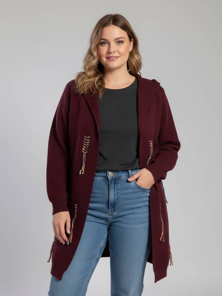 Plus-size red vest with colored topstitching (JX083) for wholesale by Pomme Rouge Paris