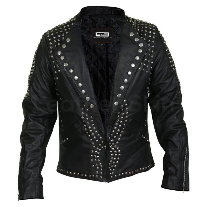 Men's Black Jacket with Cone Spikes Stud on Shoulder for wholesale by Leather Skin Shop