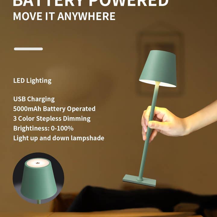 Two Pack Cordless LED Table Lamp 5000mAh Battery Portable Dimmable Green Desk Lamp With 3 Color Temperatures for wholesale on Faire3