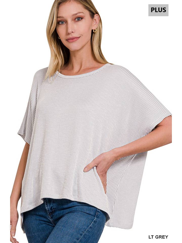 42POPS - Wholesale Knit Top - Women's - `.Plus size Ribbed Striped Oversized Short Slee4