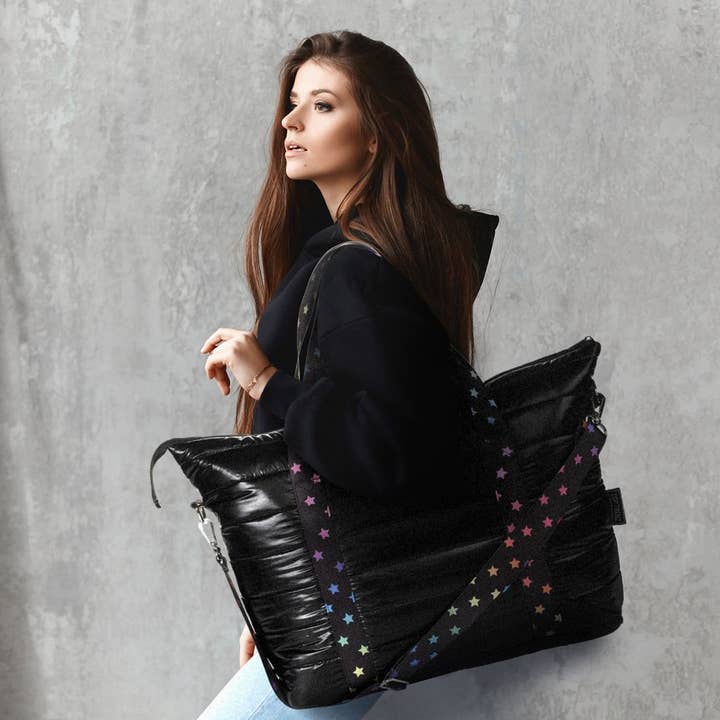 Top Trenz Inc - Wholesale Tote Bag - Women's - Black Puffer Tote with Scatter Star Strap2