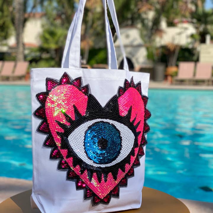 Karens Line - Wholesale Tote Bag - Women's - Evil Eye Canvas Tote Bags Pink Heart Sequins