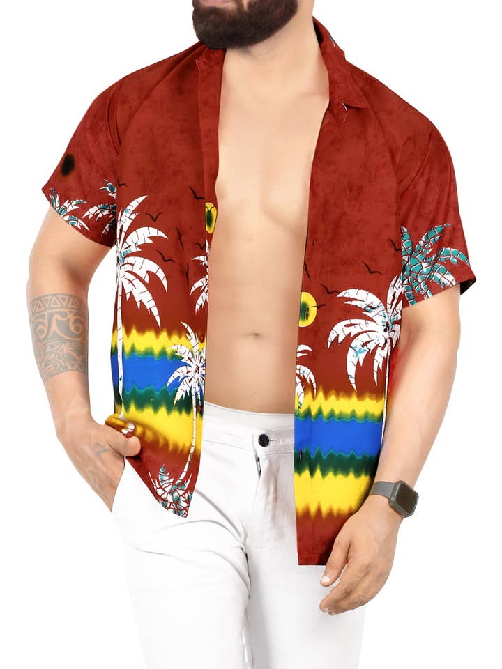 LA LEELA Men Exotic Beach Hawaiian Shirt L Poppy, Palm for wholesale on Faire