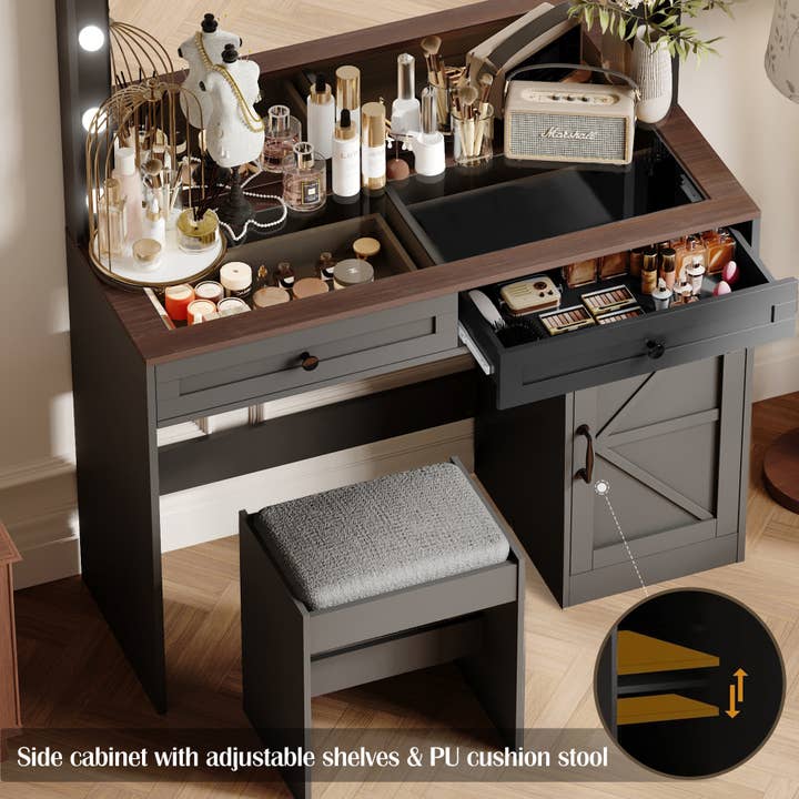 Black Makeup Vanity Table with LED Lights, 3 Drawers, Stool for wholesale on Faire3