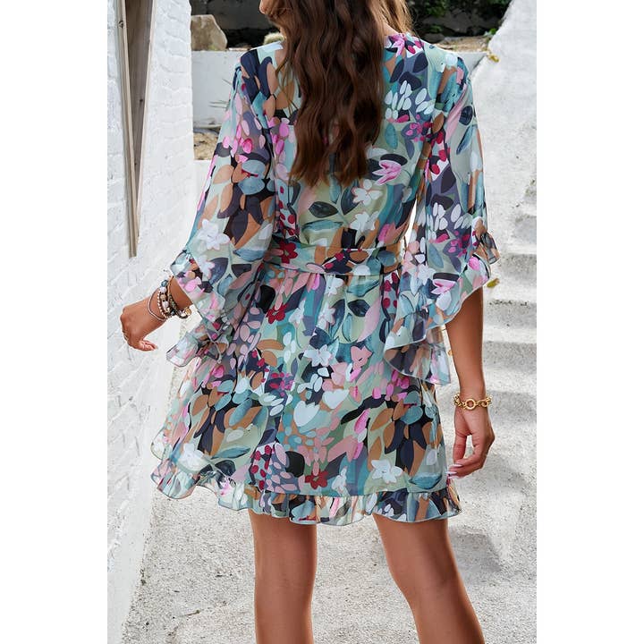 Supreme Fashion - Wholesale Dress - Women's - Floral V Neck Waist Tie Ruffle Hem Wrap Dress