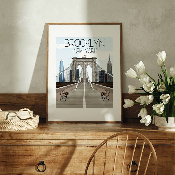 Póster artístico de Nueva York - Puente de Brooklyn para venta al por mayor de Fox Burrow Designs