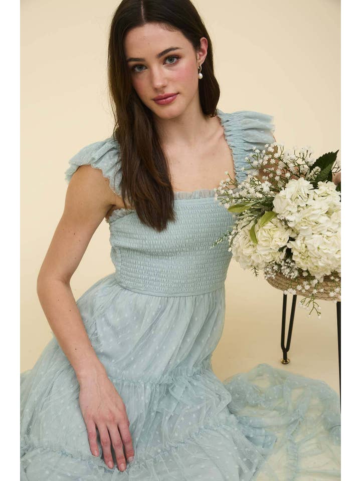 MINE - Wholesale Dress - Women's - POLKA DOT CHIFFON SMOCKED TIERED MIDI DRESS