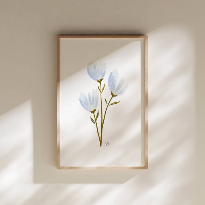 Trois fleurs bleues, art mural floral illustré pour la vente par GREENHOUSE SOCIETY PAPER