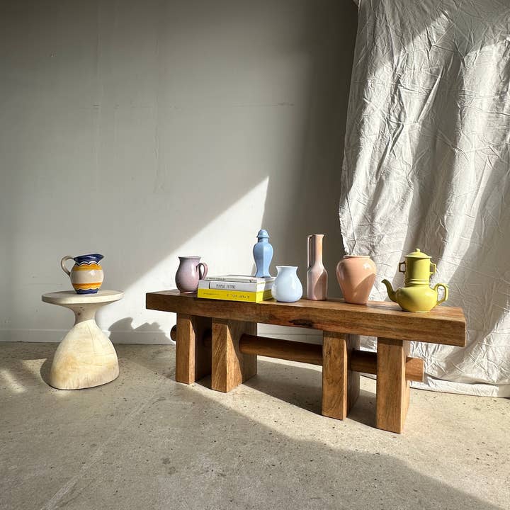 Office Objets - Wholesale Bench - Solid wood bench with openwork base crossed by a cylinder - Mango wood10