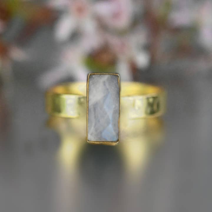 Moonstone Rectangle Ring on a Hand Hammered Band for wholesale by KBD Studio