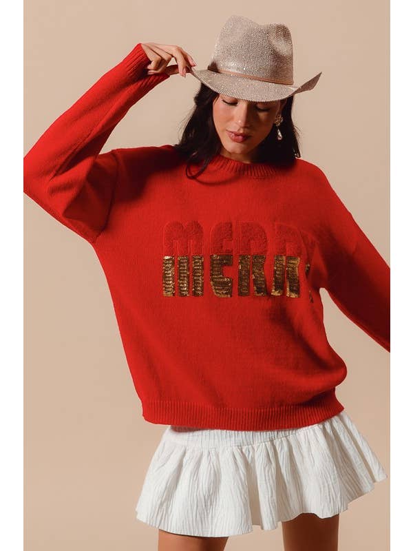 Vanilla Monkey - Wholesale Knit Sweater - Women's - Sequin Merry Lettering Christmas Sweater