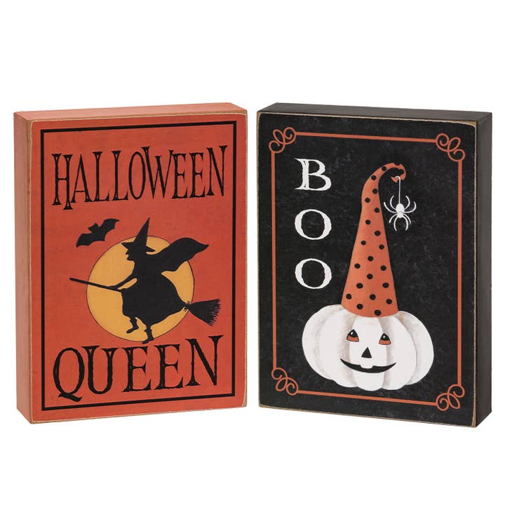 Halloween Queen Vintage Look Box Sign, 2 Assorted for wholesale by The Hearthside Collection