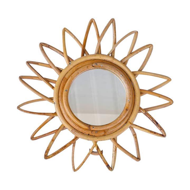 12" Round Handmade Flower Rattan Cane Wall Mirror for wholesale by Tiramisu