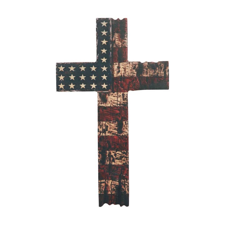 VHC Brands - Wholesale Sign - American Flag On Distressed Cross MDF Wall Sign 10x6