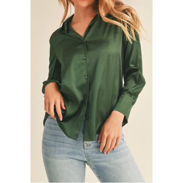 SATIN BUTTON DOWN LONG SLEEVE BLOUSE SHIRT for wholesale by Timeless
