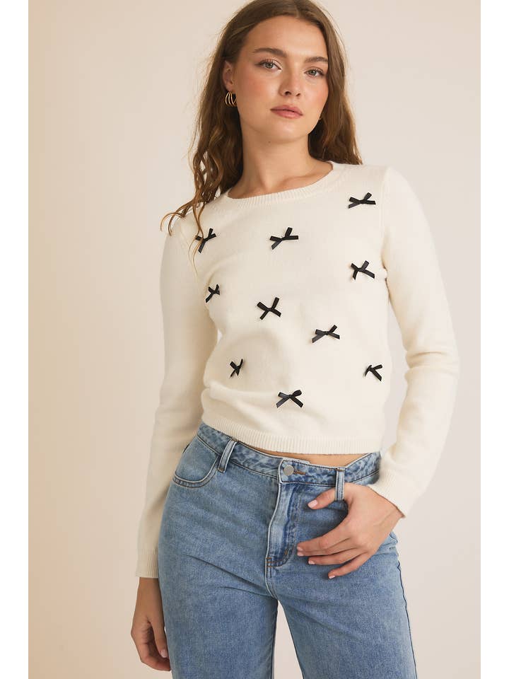 CREAM ROUND NECK LONG SLEEVE BOWS ON FRONT SWEATER for wholesale on Faire