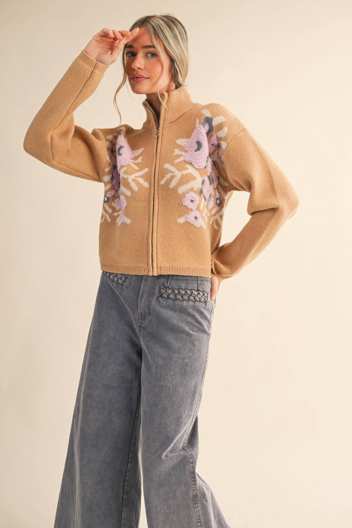 &MERCI - Wholesale Cardigan - Women's - FLORAL ZIP UP SWEATER CARDIGAN MSW1118832