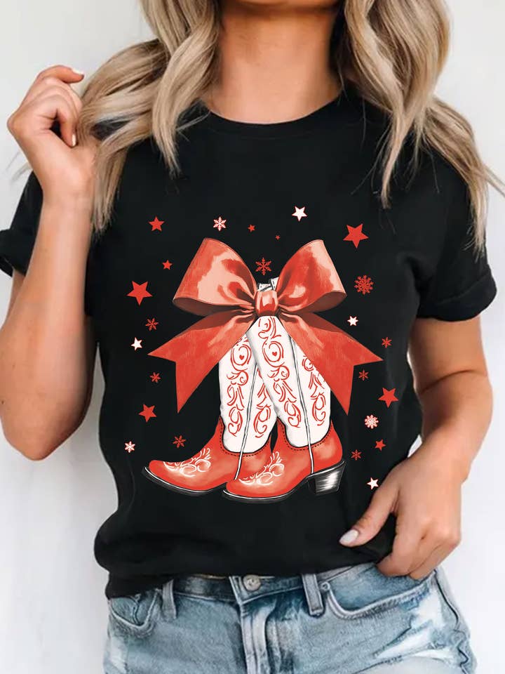 HOWDY CHRISTMAS RIBBON BOW WESTERN BOOTS GRAPHIC TSHIRTS for wholesale by Rustee Clothing