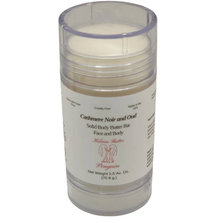 Kokum Butter Penguin - Wholesale Solid Lotion - Cashmere Noir and Oud (Lotion Bar) Clear Twist Up Tube1