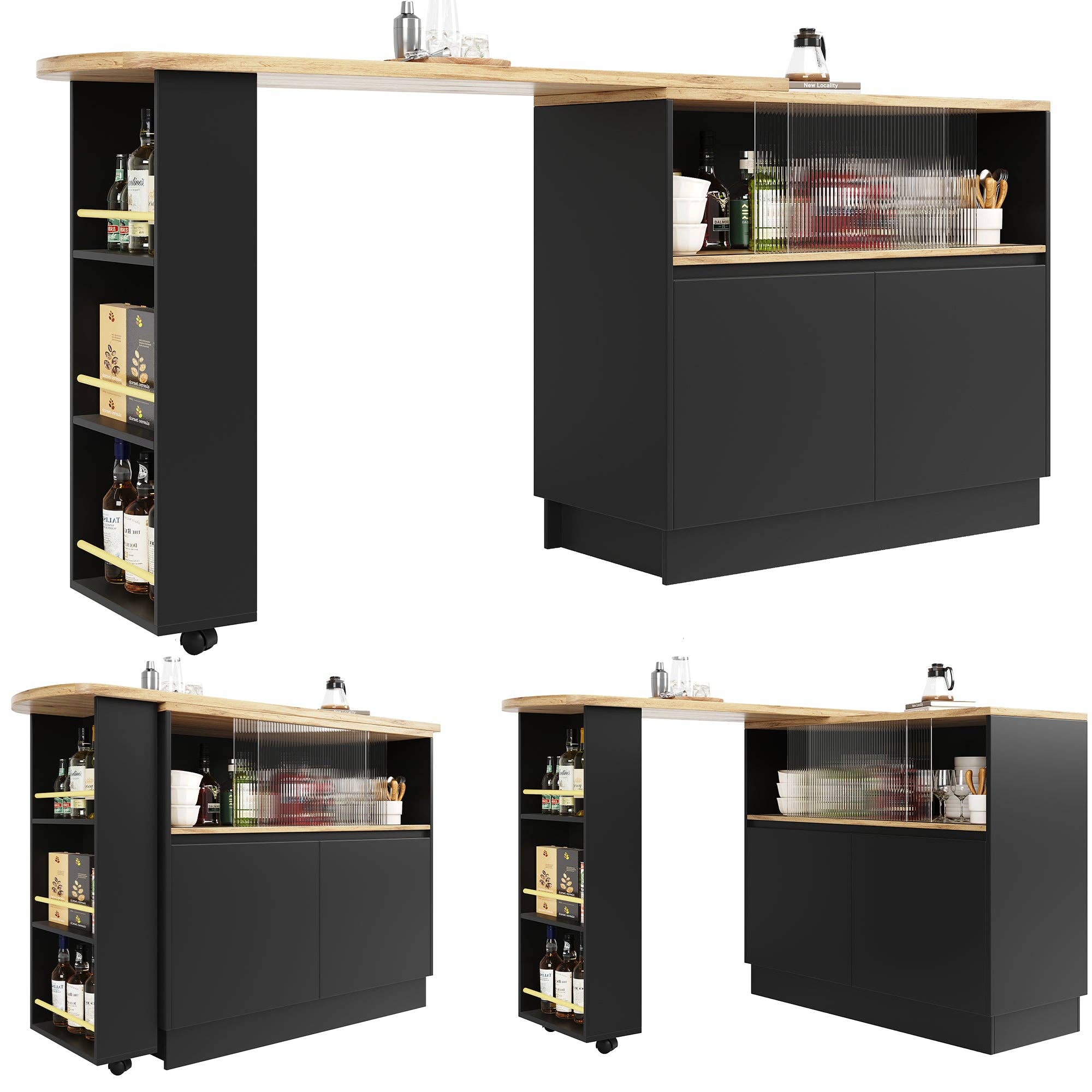 Urban Meuble - Wholesale Sideboard - Wood-effect and black bar table with 360° swivel storage and corrugated glass TINPLATE18