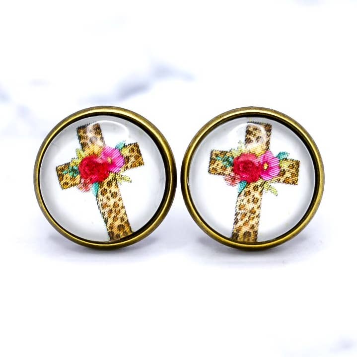 Leopard Floral Cross Photo Stud Earrings for wholesale by Daydreamer Designs