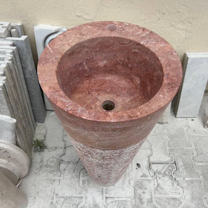 Arbon Marble - Wholesale Bathroom Accessory Set - Red Travertine Pedestal Sink Rustic Design, Powder Room Free Standing Sink for Farmhouse Bathroom4