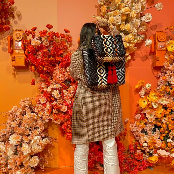The Faria - Wholesale Beach Bag - Black & Orange Handwoven recycled plastic beach Bags