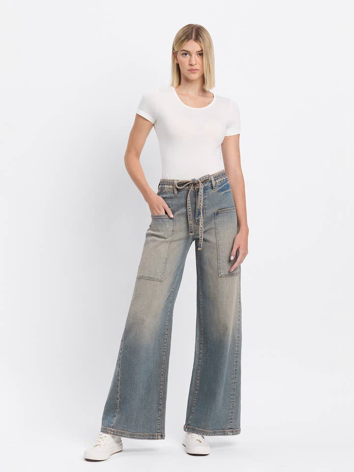 HIGH RISE ELASTIC TIE WAISTBAND BAGGY WIDE JEANS F5954 for wholesale by FLYING MONKEY