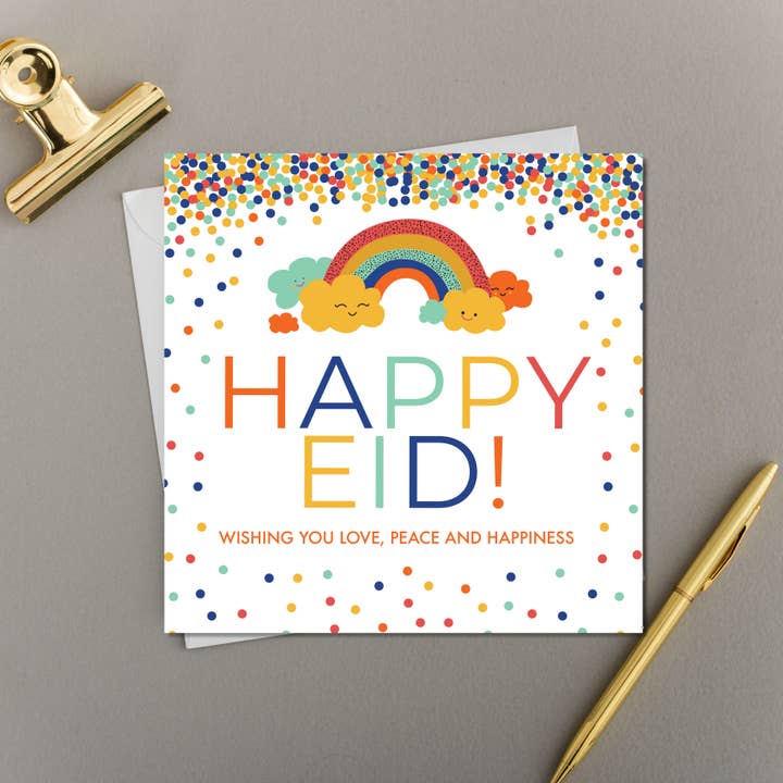 x6 Happy Eid | Bambini disegnano arcobaleni sorridenti e nuvole felici per la vendita all'ingrosso da parte di Eastern Print Studio