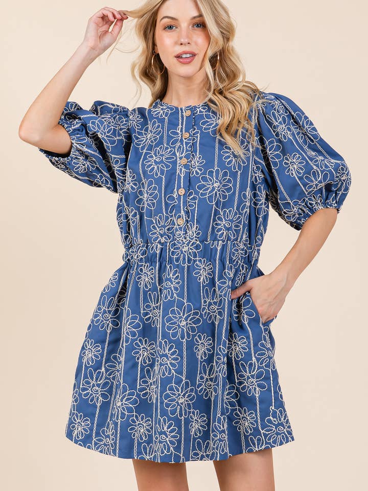 Floral Embroidered Half Button-Up Mini Dress, OD51202 for wholesale by GeeGee x Lovelo