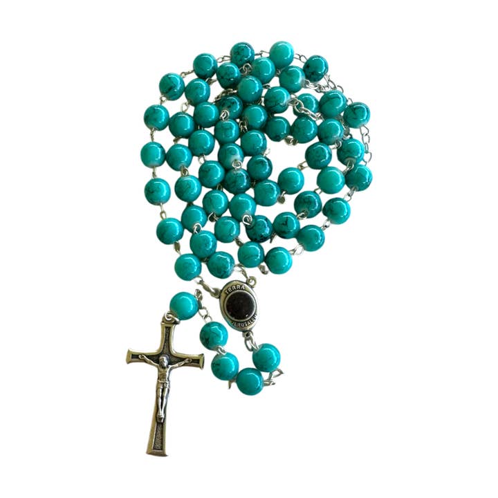 Rosaire en perles turquoises pour la vente par Holy Land Cradle