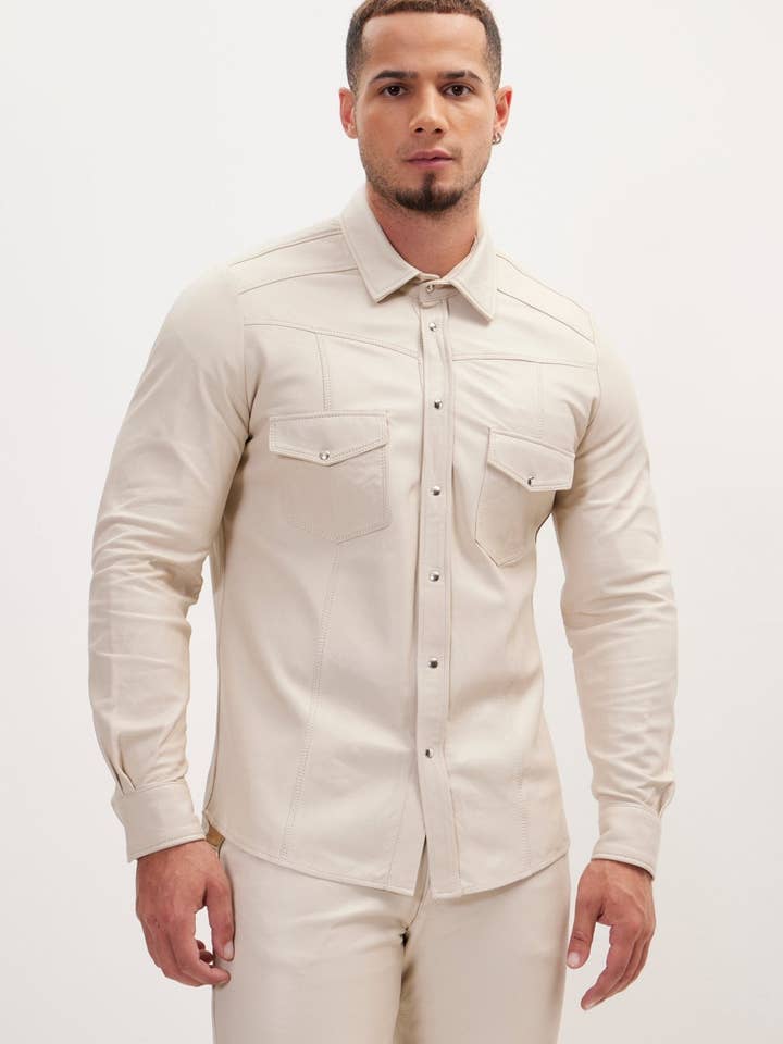 Men's Genuine Lambskin Leather Shirt - Beige for wholesale by Ron Tomson