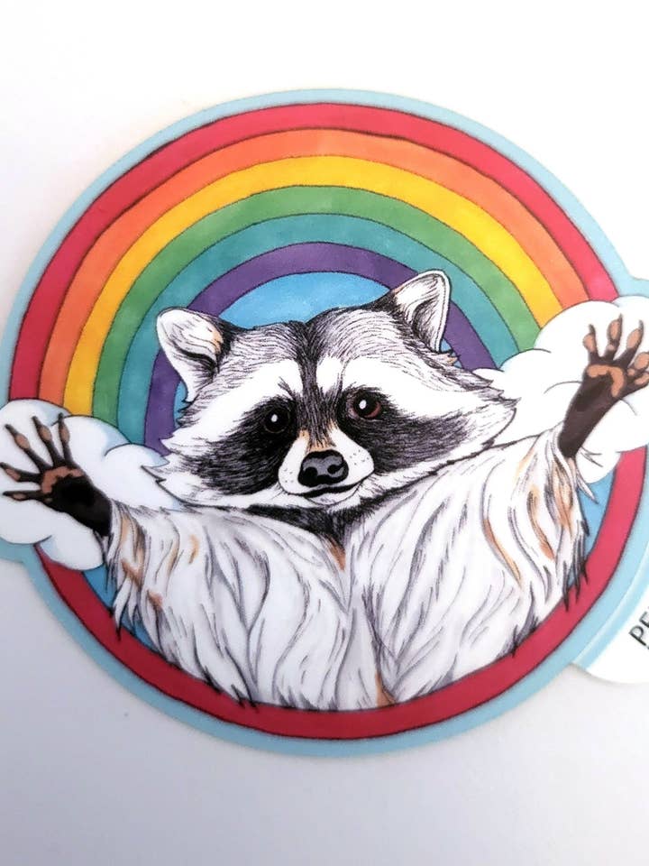 Jazz Hands Rainbow Raccoon Vinyl Art Sticker for wholesale by Wyrd & Witchy Art