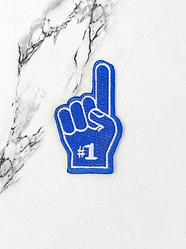 Blue Foam Finger Embroidered Patch for wholesale by Nash Grey